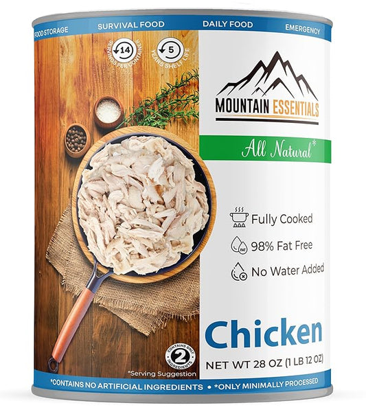 MOUNTAIN ESSENTIALS Fully Cooked Canned Chicken 28 Oz – White Meat for Daily Meals, Camping & Emergency Food – Great for Snack, Lunch, Dinner Recipes – 5-Year Shelf Life – Made in USA – Pack of 1
