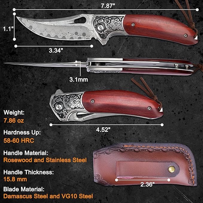 KOMWERO Damascus Pocket Knife for Men Women, Sharp VG10 Core Damascus Steel Knife for Outdoor Camping Survival Hunting - Wood Handle, Ball Bearing, Leather Sheath, Liner Lock