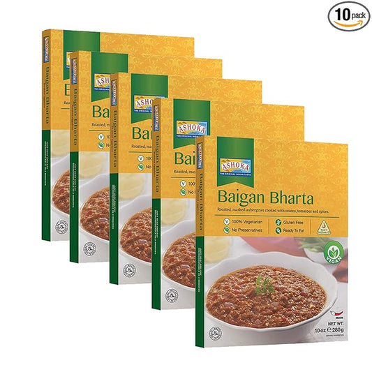 Ashoka All-Natural Entrees 1932, Vegan Mashed Aubergines, Kosher Certified, Microwave Ready Meals, Authentic Baigan Bharta, Portable Backpack Friendly Food, Gluten-Free, No Preservatives, Pack of 10