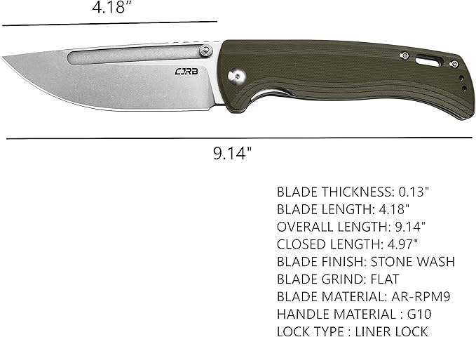 CJRB CUTLERY Pocket Knife Resource (J1932) Thumb Studs Folding Knife for Men AR-RPM9 Steel Blade and Green G10 Handle for Hinking Camping Work Outdoor