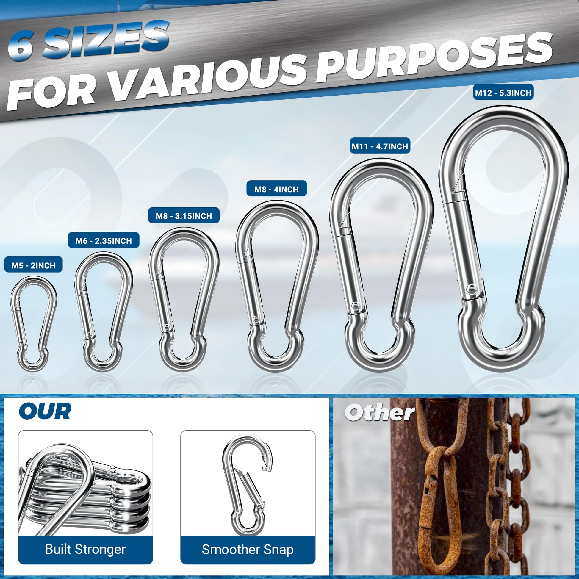 sprookber 316 Stainless Steel Marine Grade 2.36Inch Carabiner Clips, 5 Pack