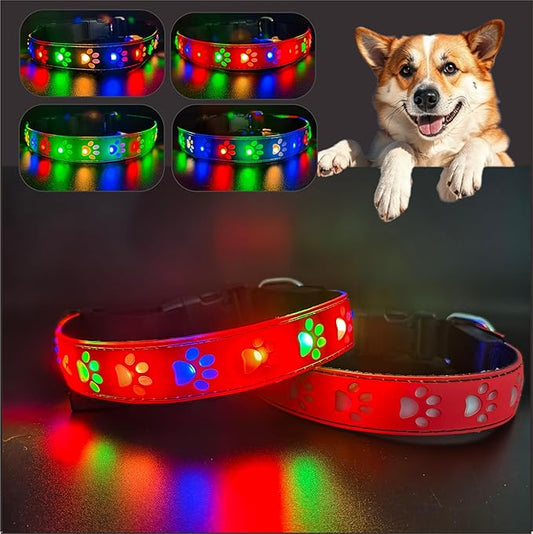 LED Light Up Dog Collar, USB-C Rechargeable, Multicolor Paw Print Design, 15 Modes Lighting Night Safety (RED Pro, M(11.8-15.7"))