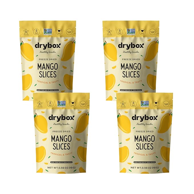 Drybox Freeze Dried Mangos Sliced | 100% Natural Fruit | Freeze Dried Mango Source | No Sugar & Additives | Healthy Snack & Topping for Beverages or Recipes | Non-GMO, Vegan, Gluten Free, 0.56 oz 4 pack