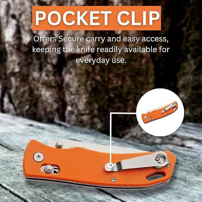 Rite Edge Premium 4.25" Moss G10 Rolling Lock (RLS) Folding Knife ??Stainless Steel Blade, Green G10 Handle, Belt Clip Tactical Survival Fishing Camping Knife - Orange