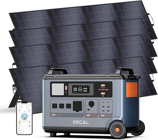 OSCAL PowerMax 6000 Solar Generator with 4x200W Solar Panel, 120V/240V 3600Wh Power Station 6000W AC Outlets (7200W Peak), 2200W AC Charging/2400W Solar Charging, Home Battery Backup for Emergency