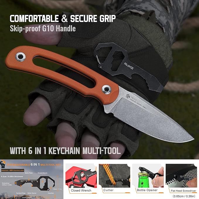 Ruike Survival Hunting EDC Fixed Blade Knife With Sheath,Small Lightweight,14c28n Full-Tang, Bushcraft BowieTactical Camping Gear For Men,Defense Top Horizontal Stainless Steel,Carry Kydex Blet, F815