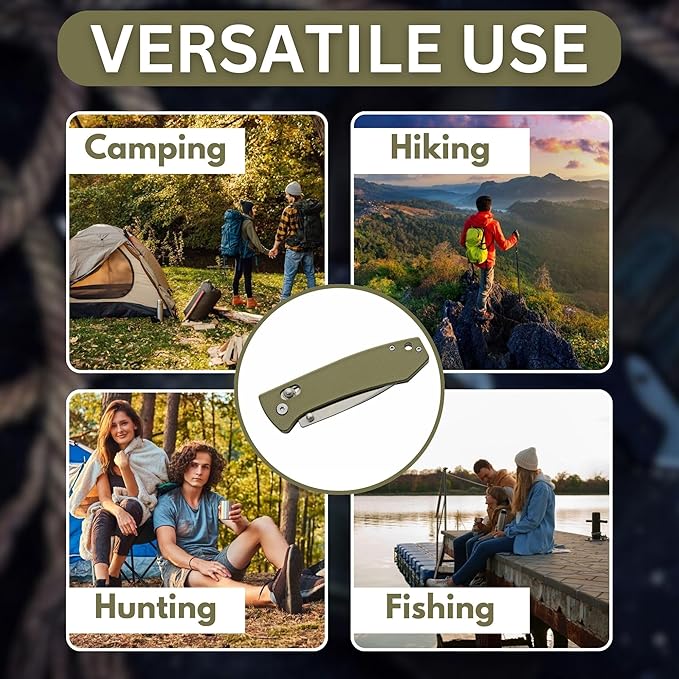 Rite Edge Premium Folding Pocket Knife - 4.25" Stainless Steel Blade, G10 Handle, Belt Clip, Camping Folder, Outdoor Utility, Father's Day Gift - Green