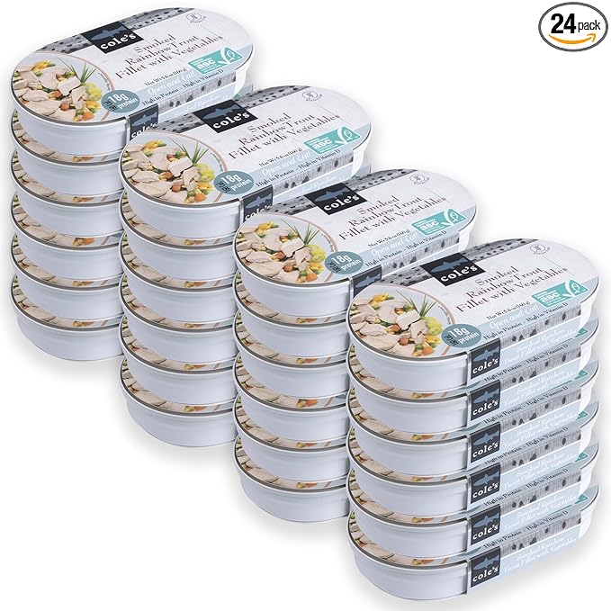COLE’S - Smoked Rainbow Trout Fillet with Vegetables | Ready to Eat Meal | 5.6 oz Hand-Packed Canned Fish | 18g Protein | High in Vitamin D | 24 pack