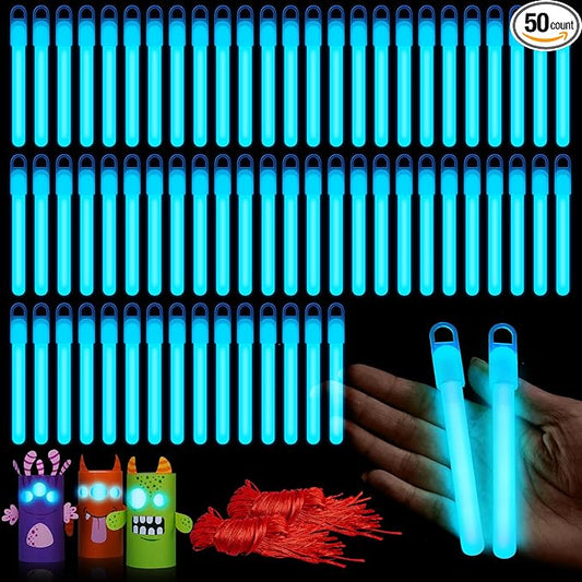 Lewtemi 50 Set 4'' Glow Sticks Bulk, Hallowee Glow in The Dark Party Supplies, Emergency Light Sticks with Lanyard, for Birthday, Light up, Neon, Halloween Theme Party Favors