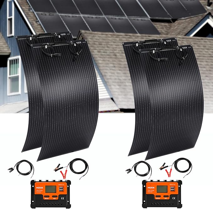 400W Semi-Flexible Solar Panel Kit Lightweight Monocrystalline Ultra-Flexible RV Solar Panel Kit with 30A Charge Controlle for 12-24V Battery Charging Car Battery Camping Stuff Offgrid RV Living