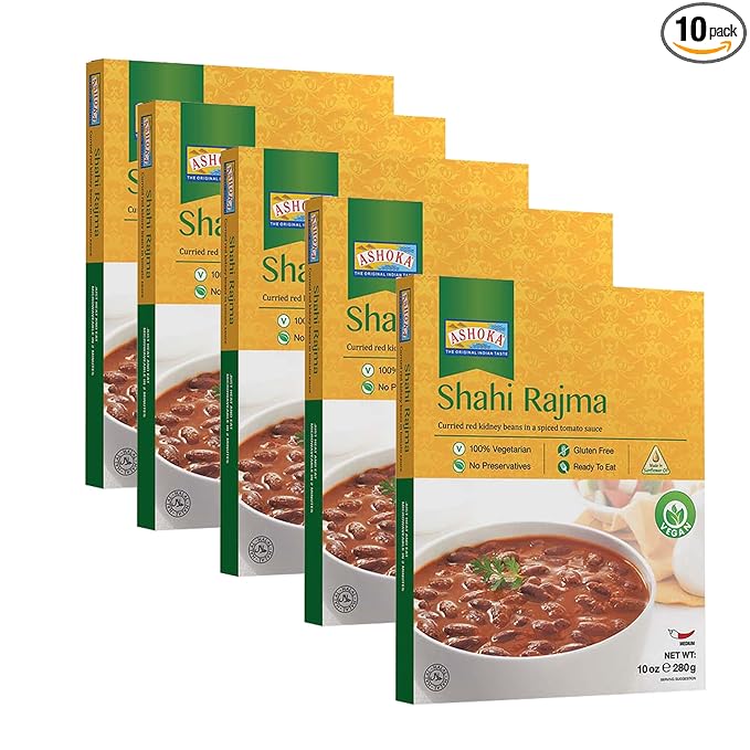 Ashoka Authentic Indian Meals 1932, Vegan Red Kidney Beans, All-Natural Microwaveable Entrees, Shahi Rajma, Kosher Certified, Travel Friendly Box, Gluten-Free & with No Preservatives, Pack of 10