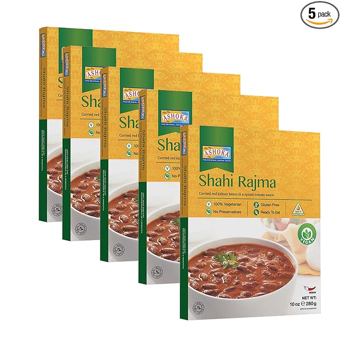 Ashoka Authentic Indian Meals 1932, Vegan Red Kidney Beans, All-Natural Microwaveable Entrees, Shahi Rajma, Kosher Certified, Travel Friendly Box, Gluten-Free & with No Preservatives, Pack of 5