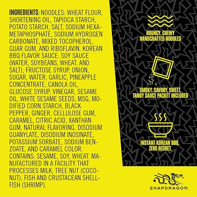 Snapdragon Saucy Instant Noodles with Korean BBQ Slurpable Sauce - Quick Meal, Snack, and Lunch. 12-Pack Microwave Noodles for Cup, Bowl, Ramen or Asian Stir Fry