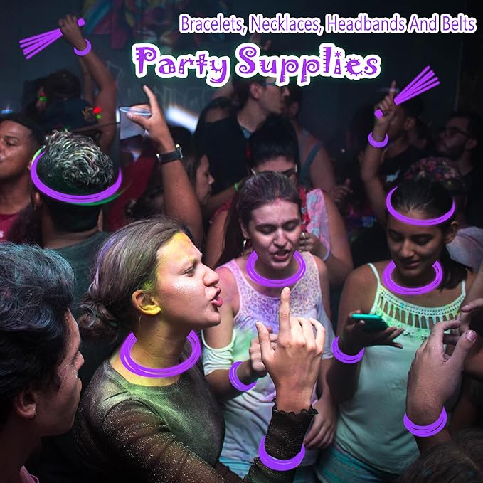 ILHSTY 100 Pcs 8'' Purple Glow Sticks Glow Necklaces In The Dark Party Favor Supplies Bright GlowSticks Bulk with Accessories for Christmas Halloween Easter Carnival Birthday Neon Party (Purple*100)