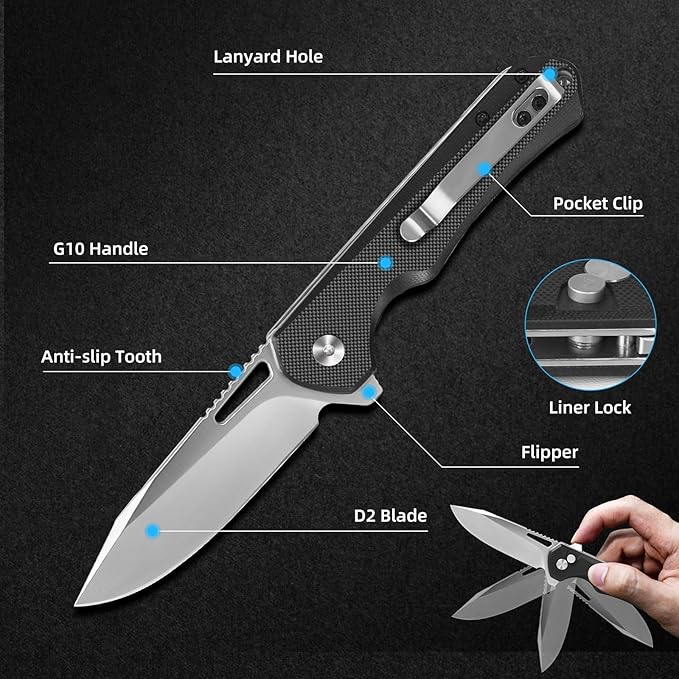 ZENG Folding Pocket Knife, 3.15" D2 Steel Blade Pocket knives, G10 Handle Small EDC Knife, Liner Lock knife, Pocket Knife with Clip for Men Women, Sharp Pocket knive for Camping Hiking Hunting (Black)