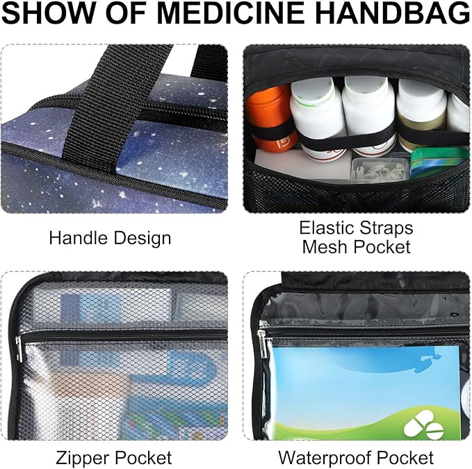 Fustylead Cute Black Cat in Space Pill Organizer Bag Large Medicine Travel Carrying Case with Zipper for Vitamin Supplements Fish Oil, Empty First Aid Kit for Hiking Camping