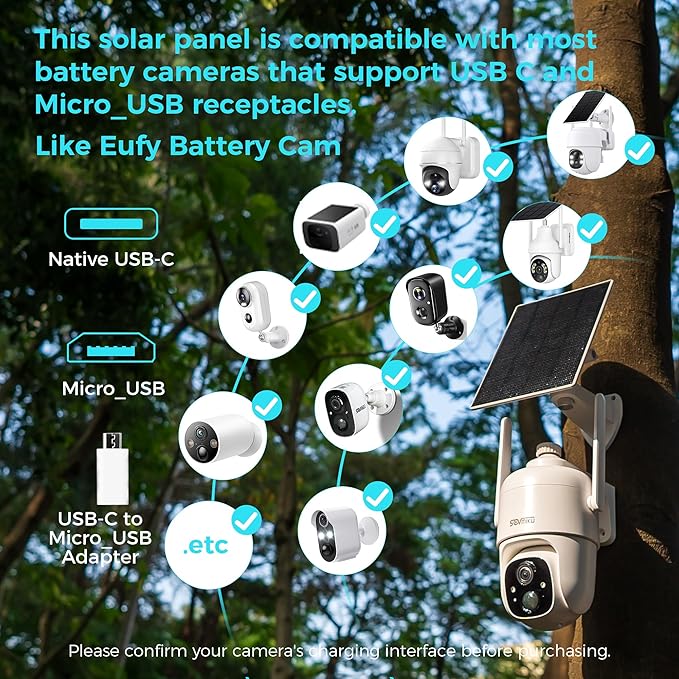 Vicohome 5V Solar Panels for Security Cameras for Bird Feeder 23% Energy Conversion Rate,9.8Ft Cable, USB C & Micro-USB Compatible, Weather Resistant, 360° Adjustable Bracket, for Tapo Eufy Aosu .etc