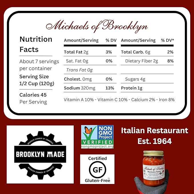 Michaels Of Brooklyn, Sauce, Tomato Basil, Pack of 6, Size 32 OZ, (GMO Free Low Sodium Vegan Wheat Free Yeast Free)