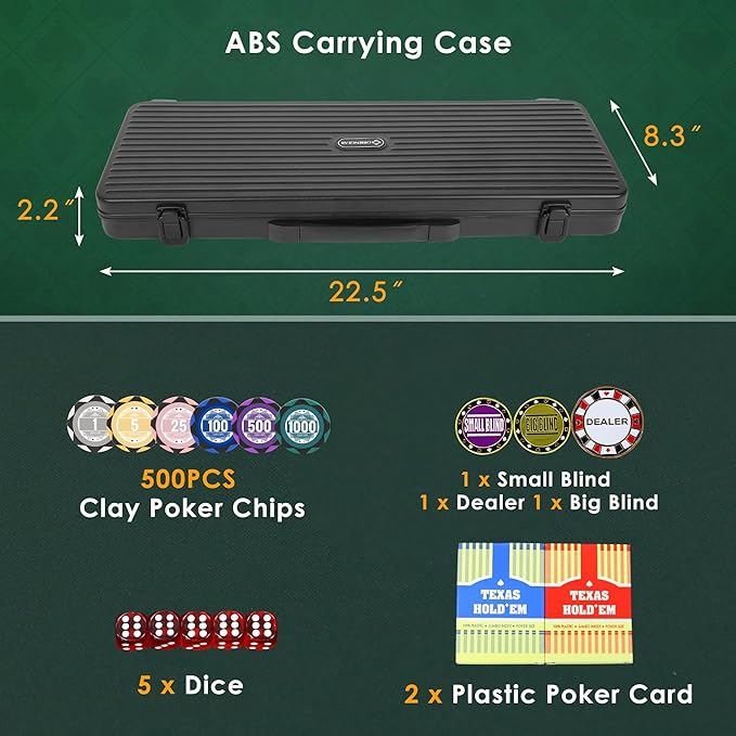 ORIENGEAR Poker Chip Set with Denominations 500 PCS with 14 Gram Numbered Clay Chips, Texas Hold?™em Casino Chip Sets with 2 Decks of Plastic Playing Cards, for Blackjack Gambling Games, Black Case