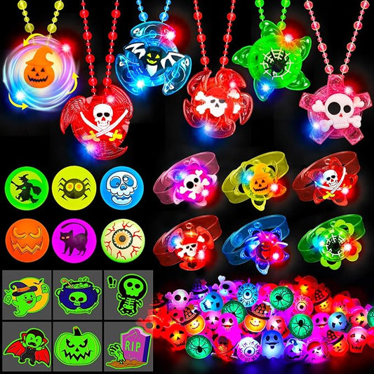 90 PCS Halloween Party Favors for Kids, Glow in The Dark Halloween Toys Bulk Light Up Necklace Bracelet LED Rings Halloween Goodie Bag Fillers Treats for Classroom Prizes Trick or Treat Gift