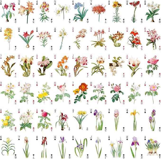 Beautiful Flowers Playing Cards (Poker Deck 54 Cards All Different) Vintage Flowers Botannical Illustration by Redoute Lillies Tuplip Orchid