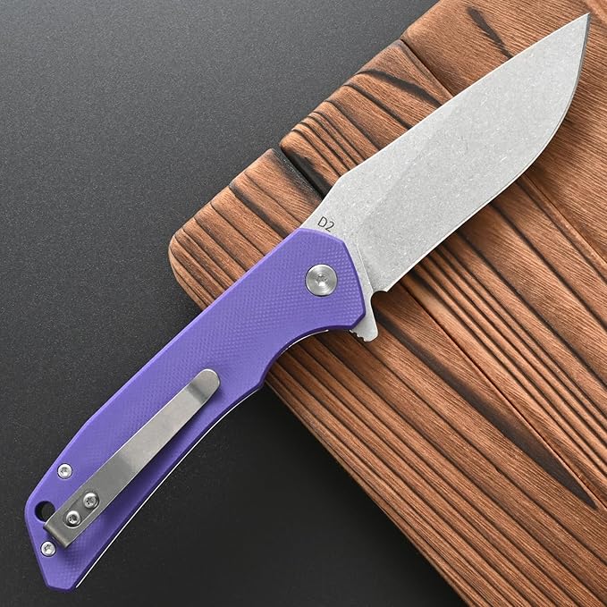 FF17 Folding Pocket Knife,D2 Steel Blade G10 Handle EDC Tool Knife for Outdoor Camping,Hiking,Hunting Fishing (Purple)