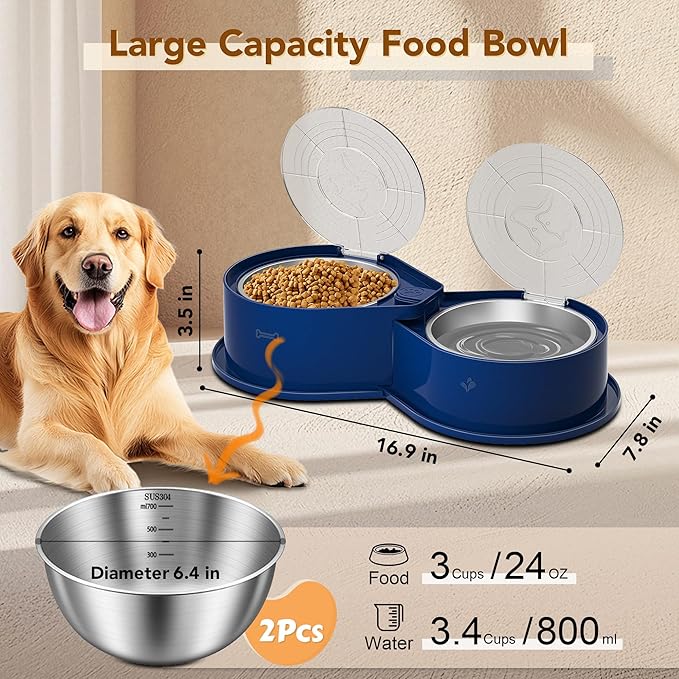Stainless Steel Dog Bowl Set with Lids, 304 Metal Dual Food & Water Bowls for Dogs & Cats, Large Capacity Pet Feeder with Cover Keeps Food Fresh, Anti-Skid Dog Dish for Small/Medium/Large Pets