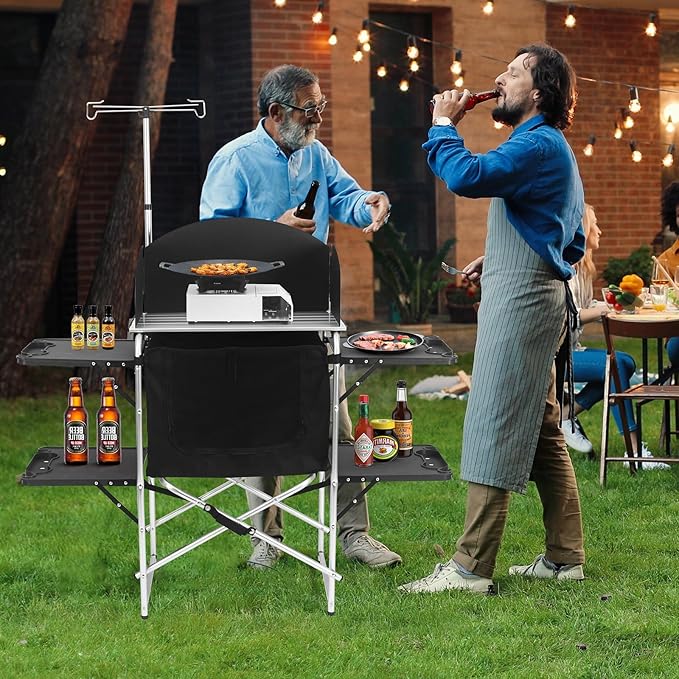 Camping Kitchen Table, Outdoor Cooking Table with 4 Panels & Storage Bag, Aluminum Folding Cooking Station, Heat Resistant Tabletop, Carrying Bag, Quick Set-up for RV,BBQ,Picnic,Traveling