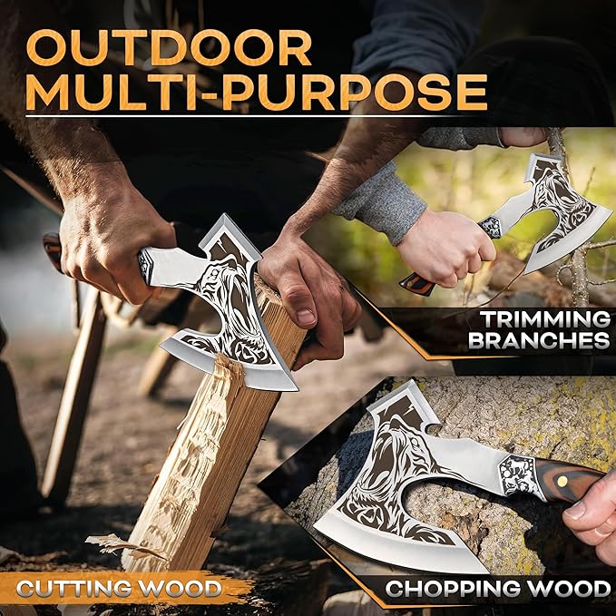 TIVOLI Camping Axe, Tiger - Patterned Survival Hatchet with Nylon Sheath, High Carbon Steel Blade Compact Outdoor Bushcraft Axe with Ergonomic Wood Grip, Camping Gear for Hiking, Chopping, Hunting