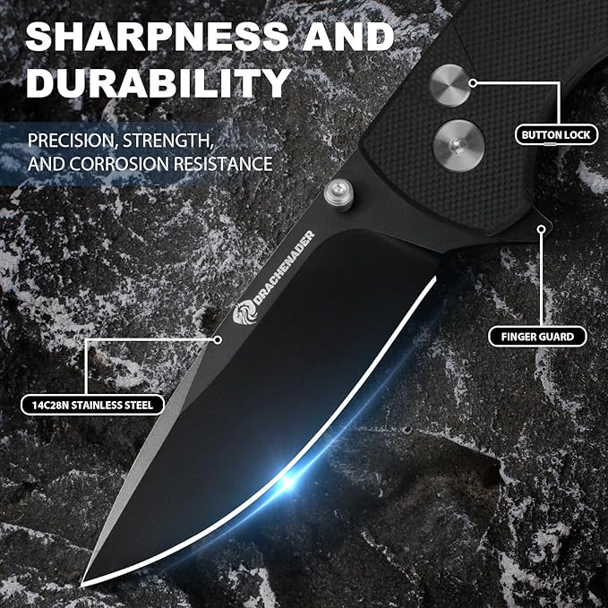 14C28N Pocket Knife for Men with Button Lock Safety Switch Y-M Tactical Folding knife with Clip, G10 Handle and Versatile Nylon Sheath for EDC, Camping, Hiking