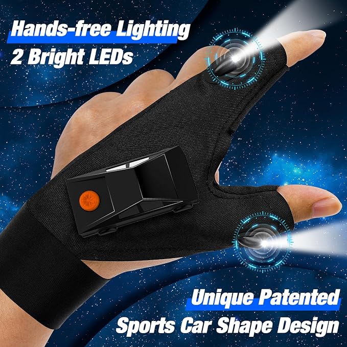 PARIGO LED Flashlight Gloves Gifts for Men Women Christmas Stocking Stuffers for Men Husband Boyfriend Fathers Dad Who Have Everything, Waterproof Lighted Glove Fishing Gift for Birthday Cool Gadgets