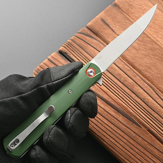 FF6 Folding Knife,D2 Steel Blade G10 Handle EDC Tool Knife for Camping,Hiking,Hunting,Fishing(Green)