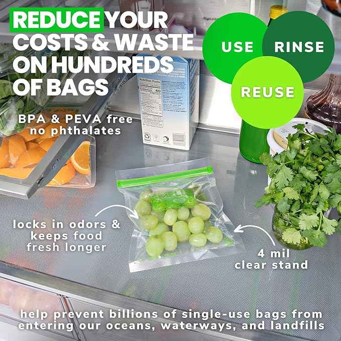 Smelly Proof 25 x Expandable Stand & Fill REUSABLE Storage Bags for Food Designed & Mfg in US, BPA FREE, NO PEVA, Reusable Sandwich Bags, Dishwasher-Safe, Clear 3 mils STAND UP 6.5" x 7.5" - 25pk