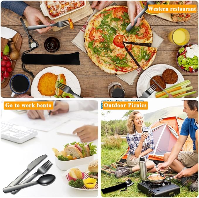 Evanda Portable Silverware Set Set of 2 Packs, Include Knife Fork Spoon, Black Titanium Plating Cutlery Set With Black Bag, For Home Kitchen Camping Travel, Dishwasher Safe
