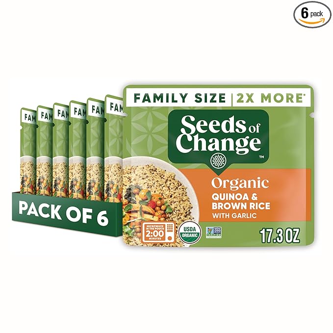 SEEDS OF CHANGE Organic Quinoa & Brown Rice with Garlic Family Size, Organic Food, 17.3 oz Pouch (Pack of 6)