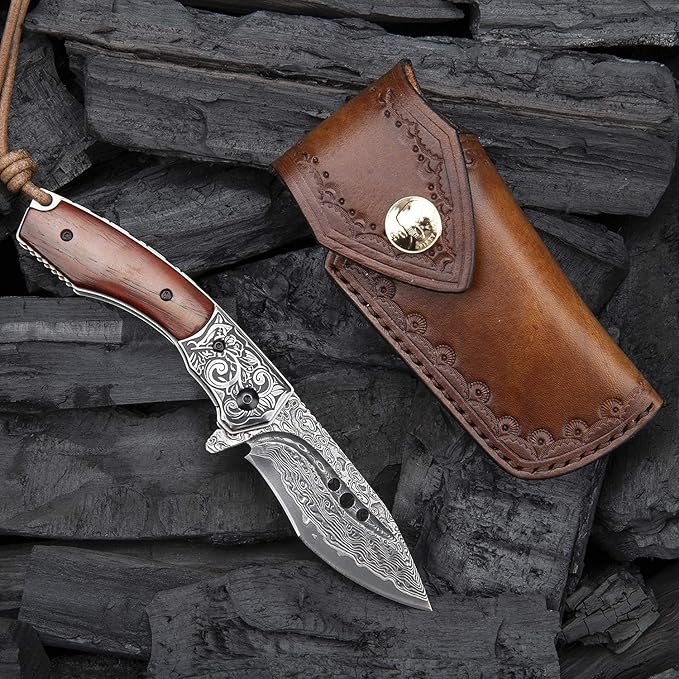 hand made damascus steel pocket knife, 3.1 inch outdoor folding knife, camping rosewood handle with leather case and inner lining