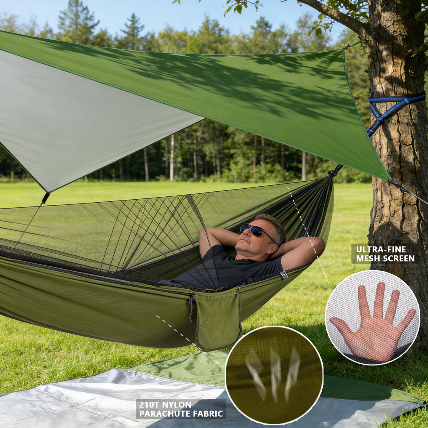 Ovyuzhen Camping Hammock with Rain Fly Tarp Mosquito Net Heavy Duty Tree Straps Portable Double