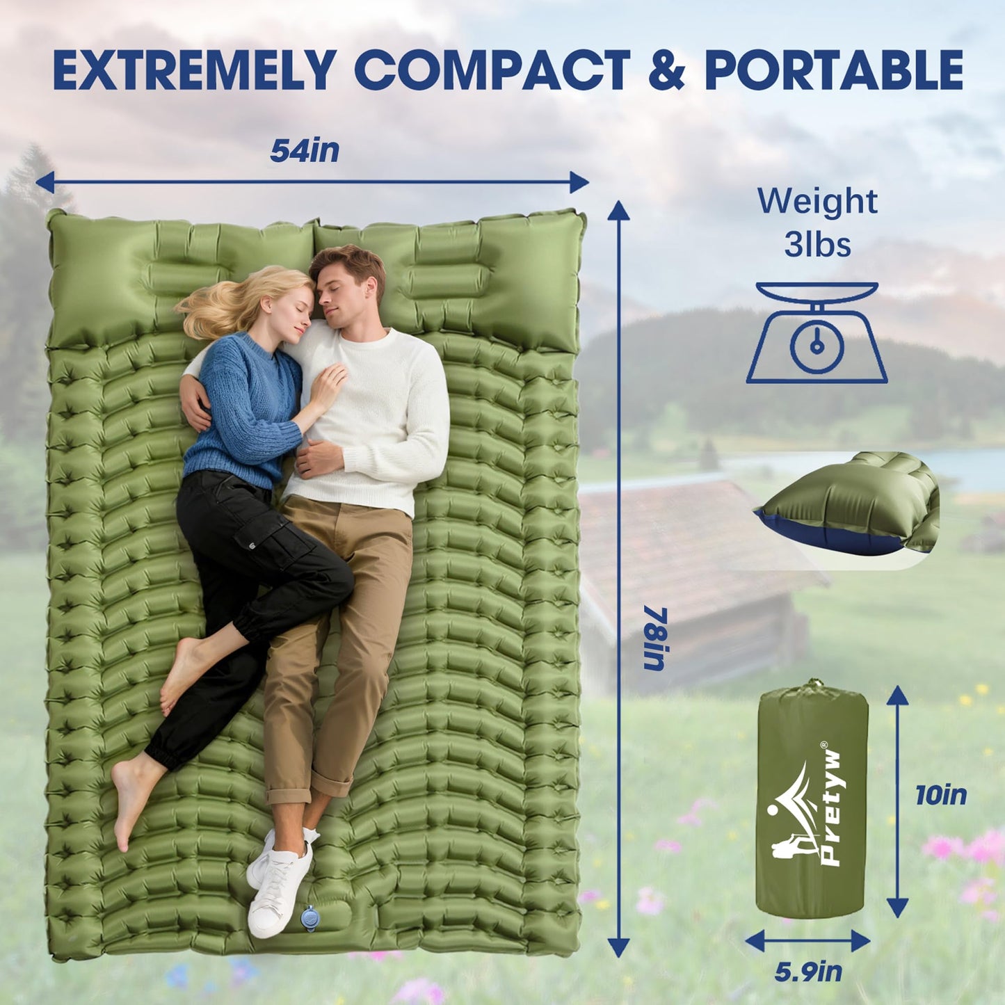 Pretyw Double Camping Sleeping pad with Pillow & Built-in Foot Pump