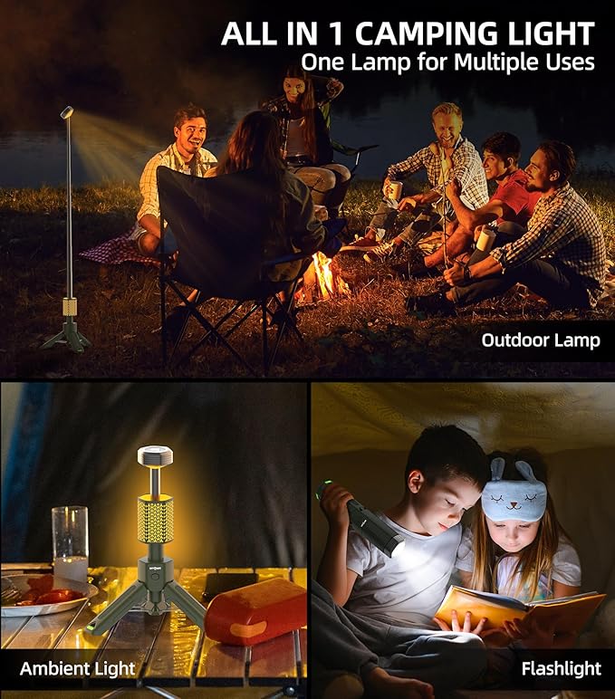 Telescopic Camping Light, Portable Collapsible Magnetic Camp Lantern Rechargeable,10500mAh Telescoping IP67 Waterproof Flashlights, Outdoor Gear for Emergency, Camping, Hiking (Army Green)
