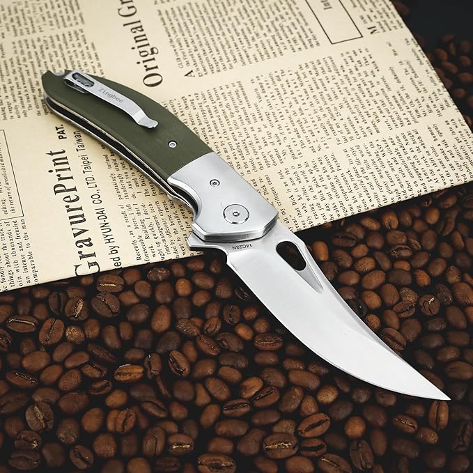 Pocket Knife with Clip, 3.7" 14C28N Blade EDC Folding Knife with Green G10 Handle, Outdoor Camping Folding Knives for Men Women