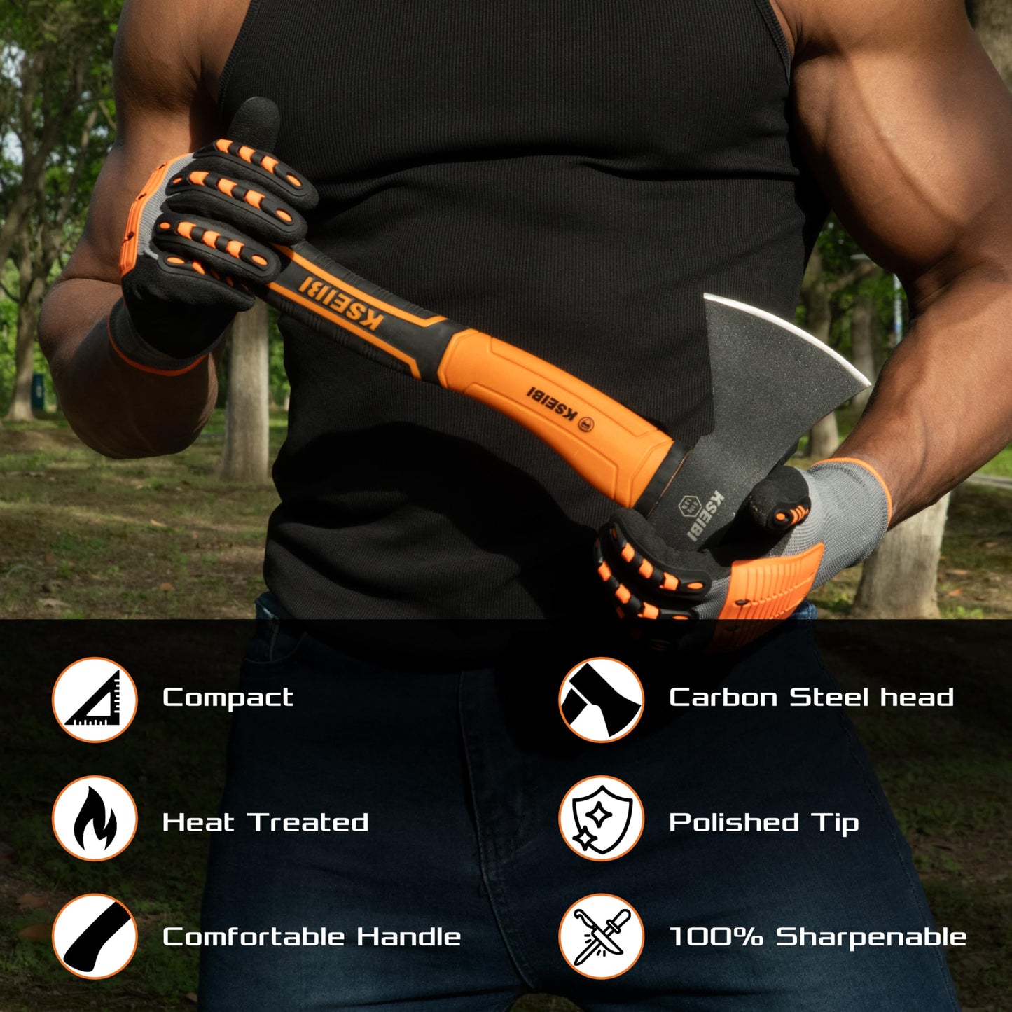 KSEIBI Wood Axe, Small Outdoor Camp Hatchet for Splitting and Kindling Wood, Forged Steel Blade