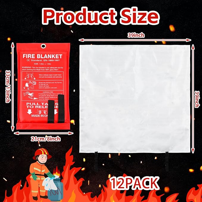Macarrie 12 Pack 39??x 39??Fire Blanket Emergency for Home and Kitchen Safety Suppression Blanket Fiberglass Fireproof Survival for Fireplace Car Office Camping (Red)