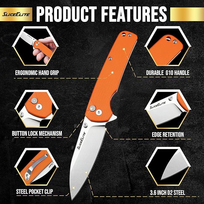 SliceElite 3.6-Inch Aztec Tiger Folding Knife | Pocket Knife with Orange G10 Composite Handle, D2 Steel Drop Point Blade & Stainless Steel Pocket Clip | EDC Gear Knife with Button Lock for Outdoor Use