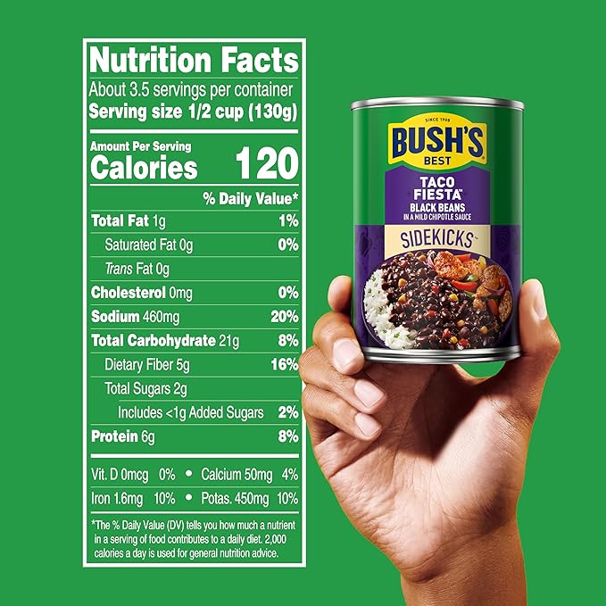BUSH'S BEST 15.1 oz Canned Taco Fiesta Black Beans, Source of Protein and Fiber, Low Fat, Gluten Free, (Pack of 12)
