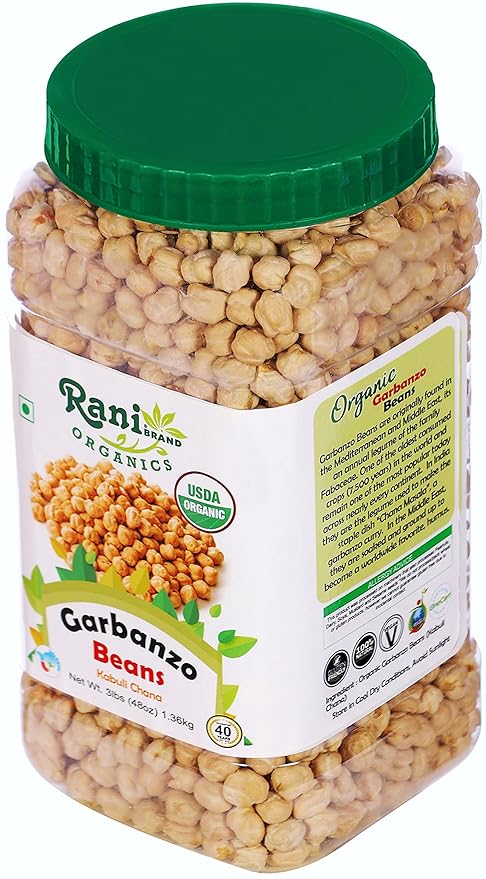 Rani Organic Garbanzo Beans (Kabuli Chana) 48oz (3lbs) 1.36kg Bulk PET Jar ~ All Natural | Vegan | Gluten Friendly | NON-GMO | Indian Origin | USDA Certified Organic