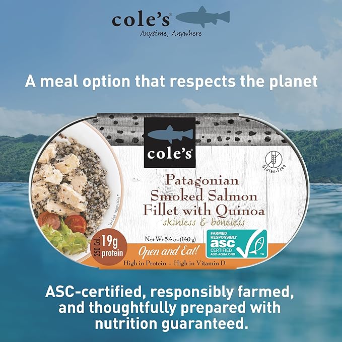 COLE’S - Patagonian Smoked Salmon Fillet with Quinoa| Ready to Eat Meal | 5.6 oz Hand-Packed Canned Fish | 19g Protein | High in Vitamin D | 1 Unit