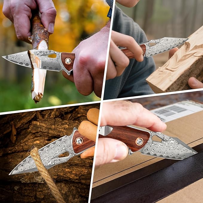 AUBEY Damascus Folding Knife with Clip, Pocket Knife with Wood Handle, EDC Knife for Outdoor Hiking Camping Collection (3.19" Blade)
