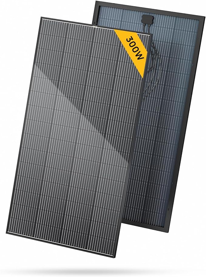 BougeRV Bifacial 300 Watts 12BB Mono Solar Panel, 23% High-Efficiency All Black Design Mono Technology Work with 12 Volts Charger for RV Camping Home Boat Marine Off-Grid, 64.6 x 34.6 x 1.4 in (1PCS)