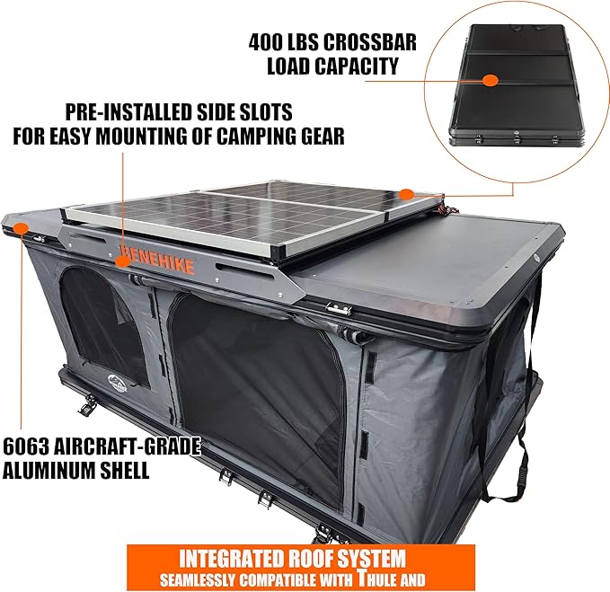 Rooftop Tent Hard Shell, BENEHIKE Alumabode V2 Aluminum Hard Shell Pop-up Rooftop Tent for Van Jeep SUV Truck Car Tents for Camping (2~3 Person)