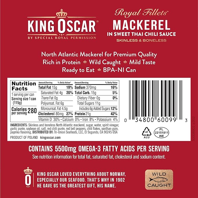 King Oscar Mackerel in Sweet Thai Chili Sauce, 4.05 Ounce Can (Pack of 12), Skinless & Boneless, Wild Caught Canned Mackerel